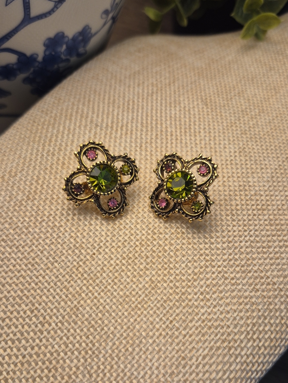 Sarah Coventry Gold-Tone Green and Pink Crystal Floral Clip Earrings